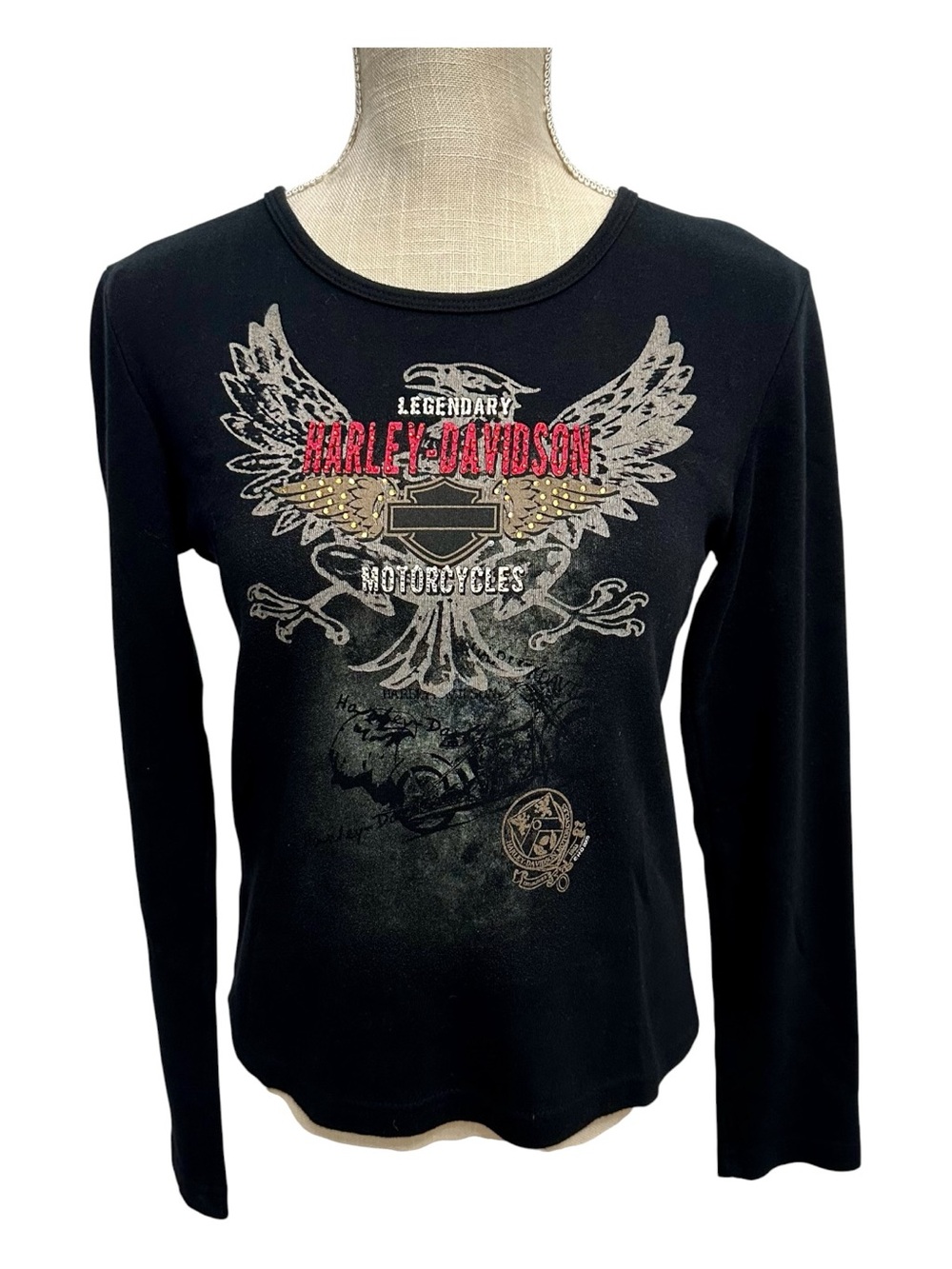 Vintage Central Harley Davidson LS Black Tee with Rhinestones Red Logo Eagle